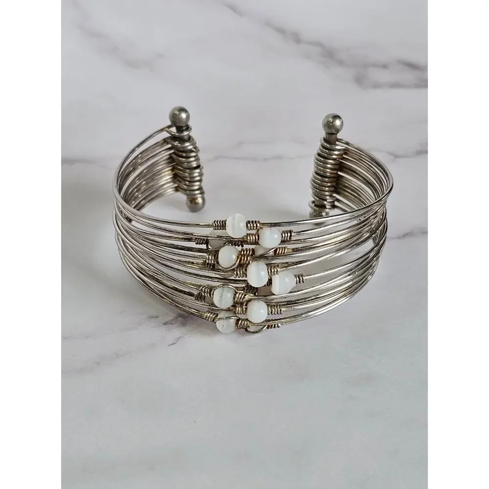 Vintage Multi-Strand Wire Wrap Open Cuff Bracelet White Beads Silver Boho 80s